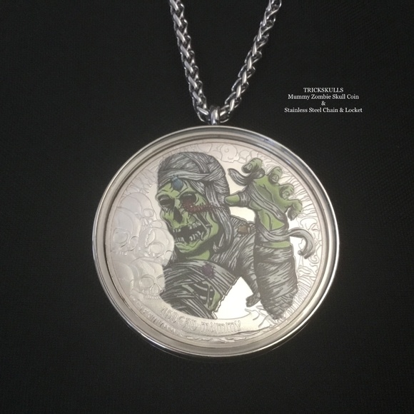 Mummy Zombie Enamel Coin in Stainless Locket & Custom Size Wheat Link Chain - Picture 6 of 10